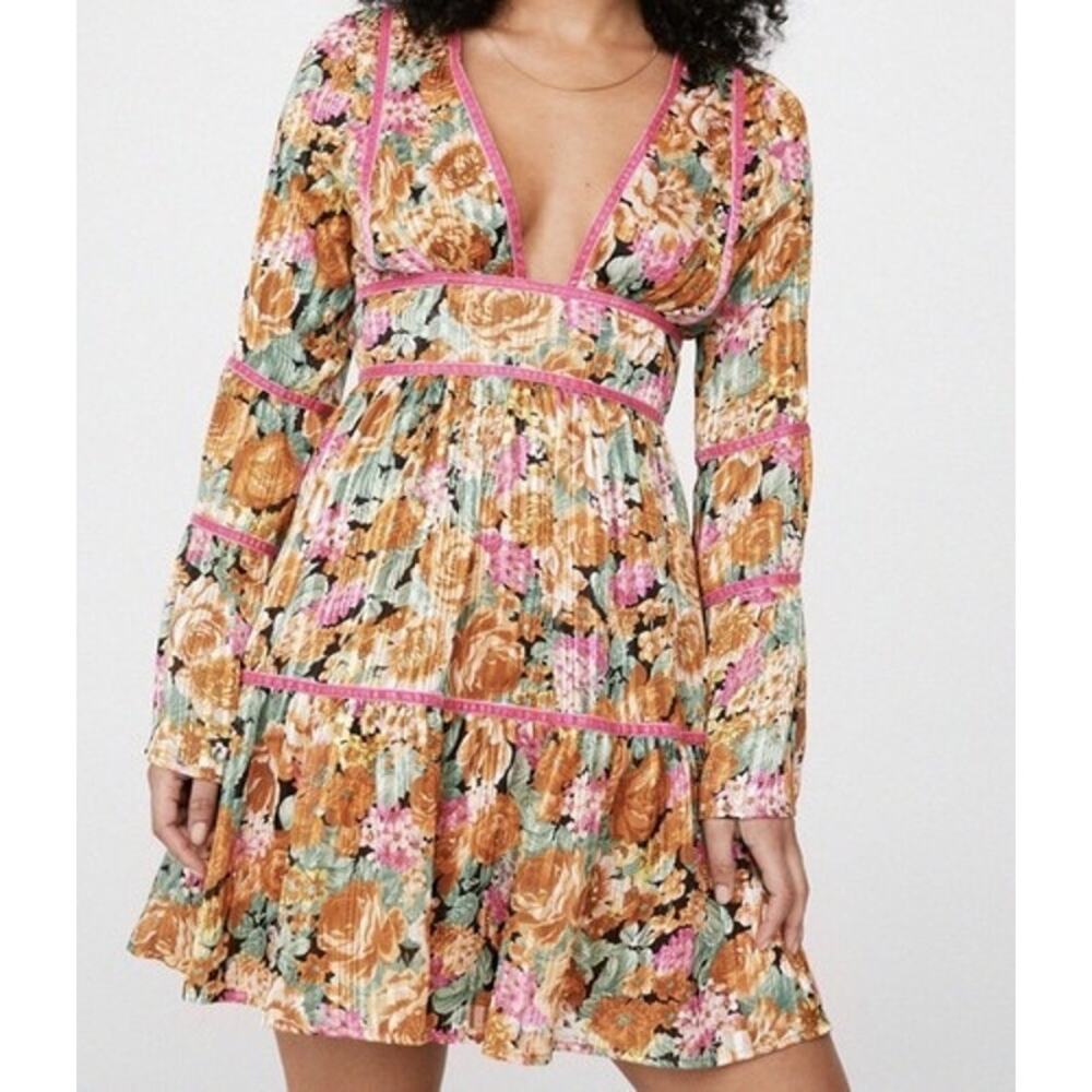 NWT Nasty Gal Floral Bell Sleeve Mini Dress Mustard Pink Velvet Trim Boho Size 2 - Picture 8 of 8